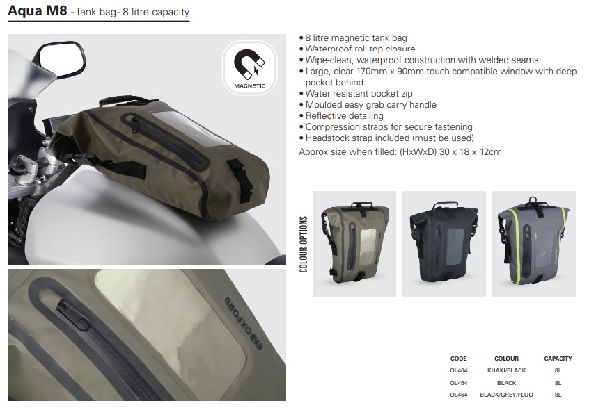 Oxford Aqua M8 Magnetic Tank Bag Black/Grey/Fluorescent Waterproof Bike Luggage 